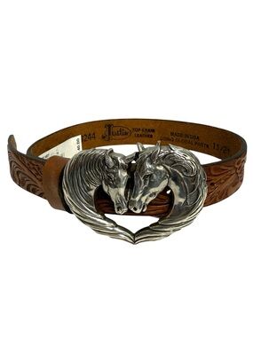 Justin Boots Toddler Brown Tooled Leather Belt with Silver Horse Heart Buckle